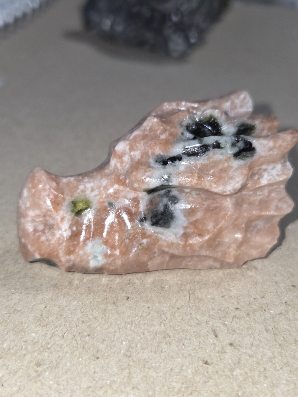 Detailed Peach Blossom Tourmaline Crystal Carved Dragon Head Stone Sculpture
